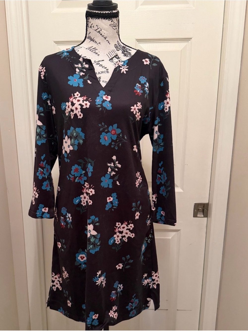 Sun Protection UPF Women's Black Floral Mini Dress with Blue and Pink Blooms